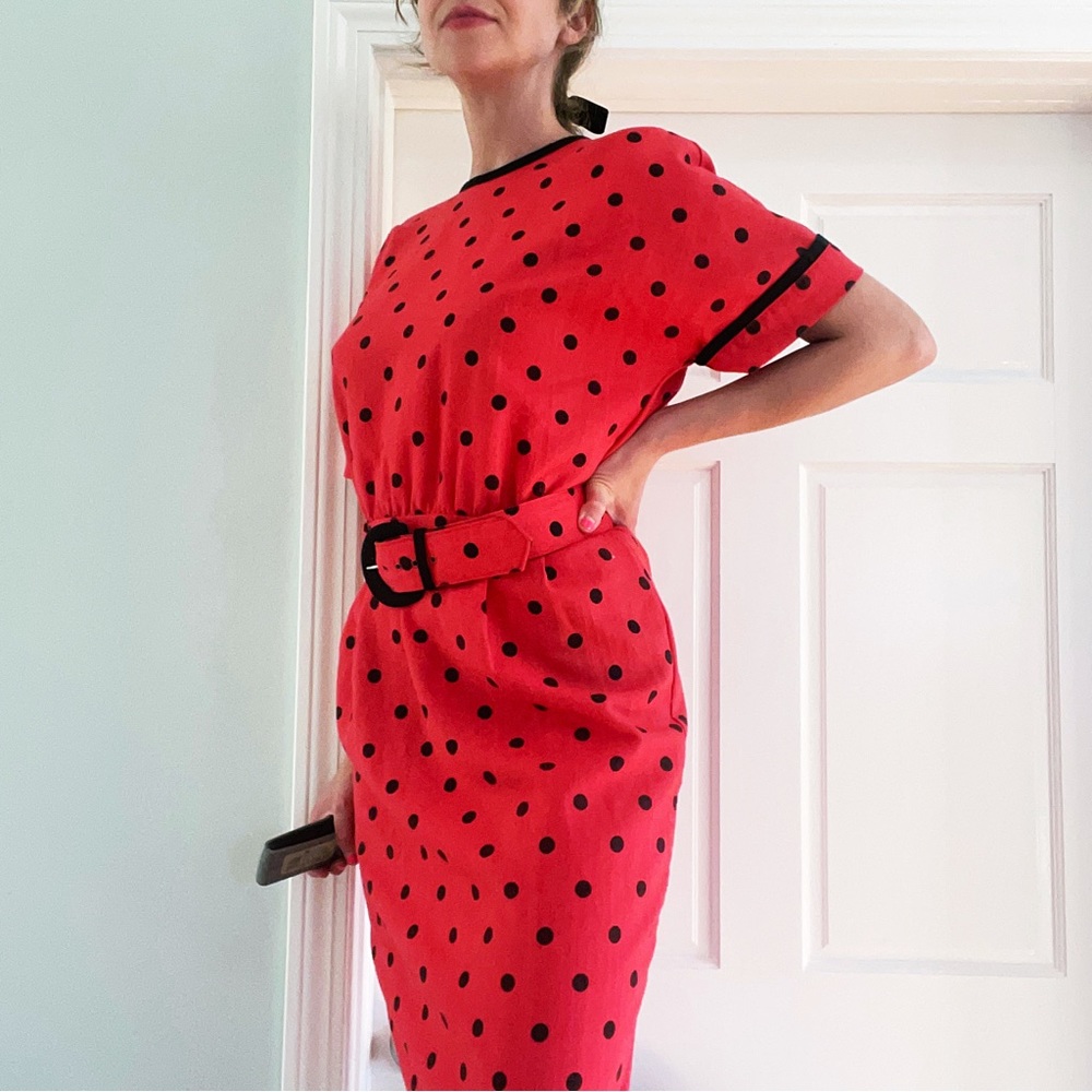 Authentic 1980s does 50s Red Polkadot Shift Dress. Impeccable condition.